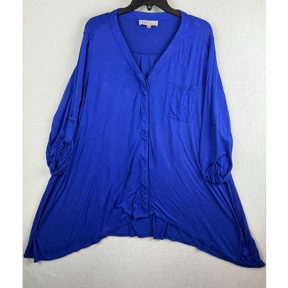 Philosophy Flared Button Down Top Womens Plus 0X Blue 3/4 Sleeve Shirt